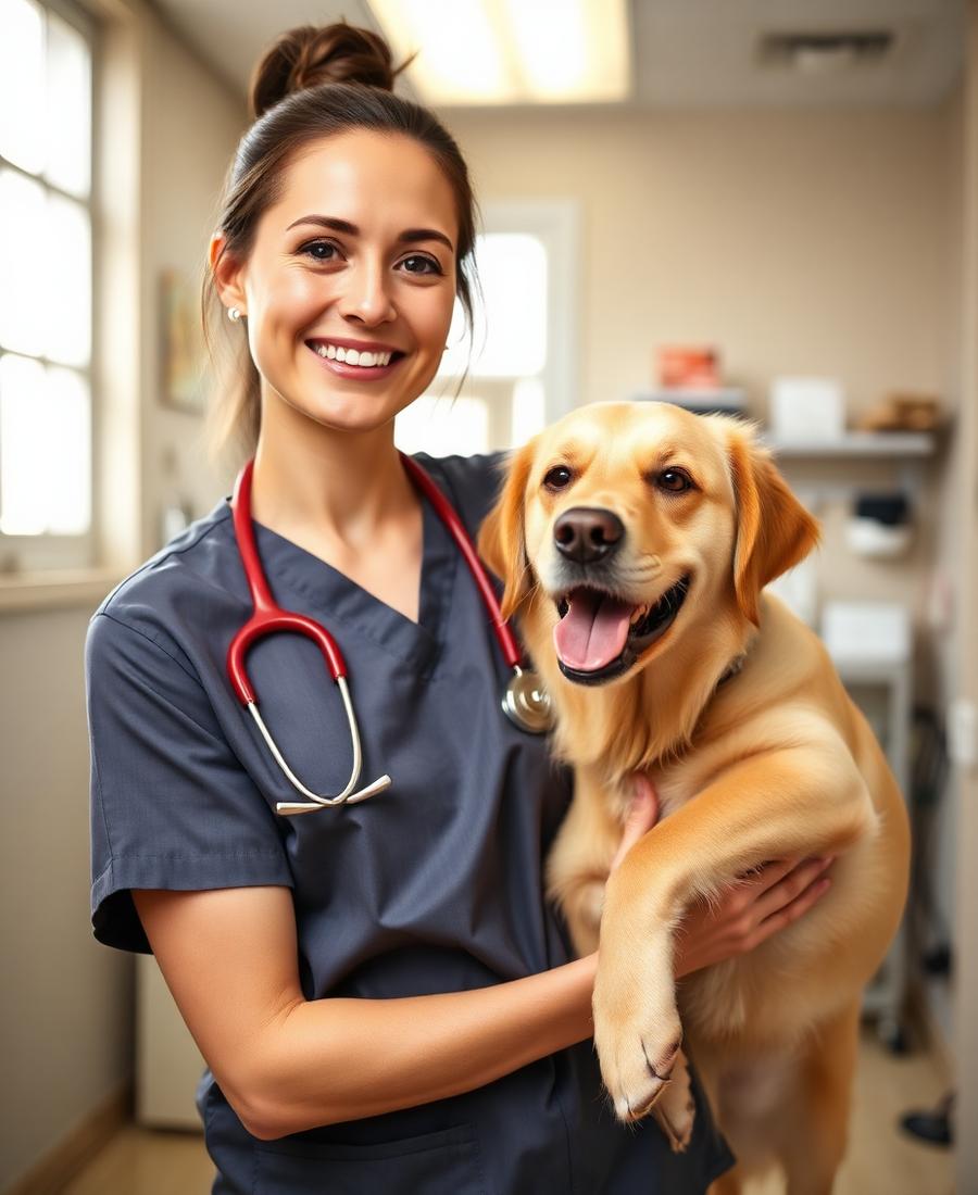 Veterinarian holding a happy golden dog