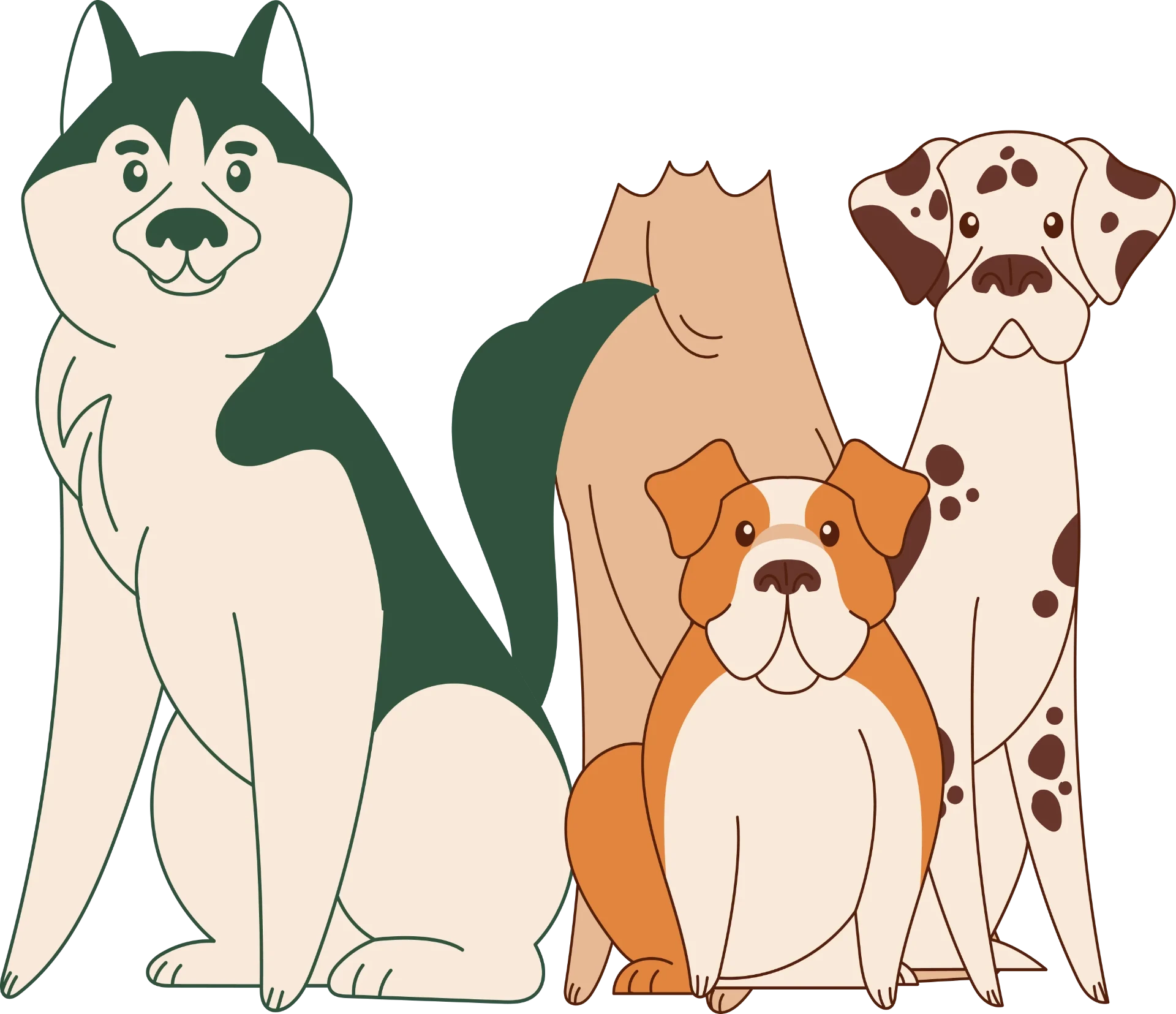 Illustrated husky, great dane, dalmatian and bulldog sitting together